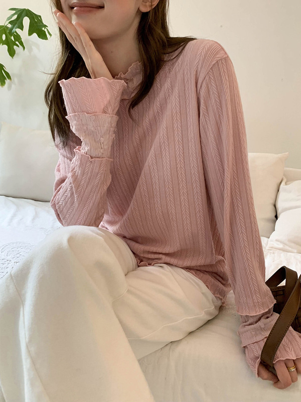 你好卡农 甜美肌理木纹边小立领打底衫女春季2025新款宽松长袖t恤|undefined