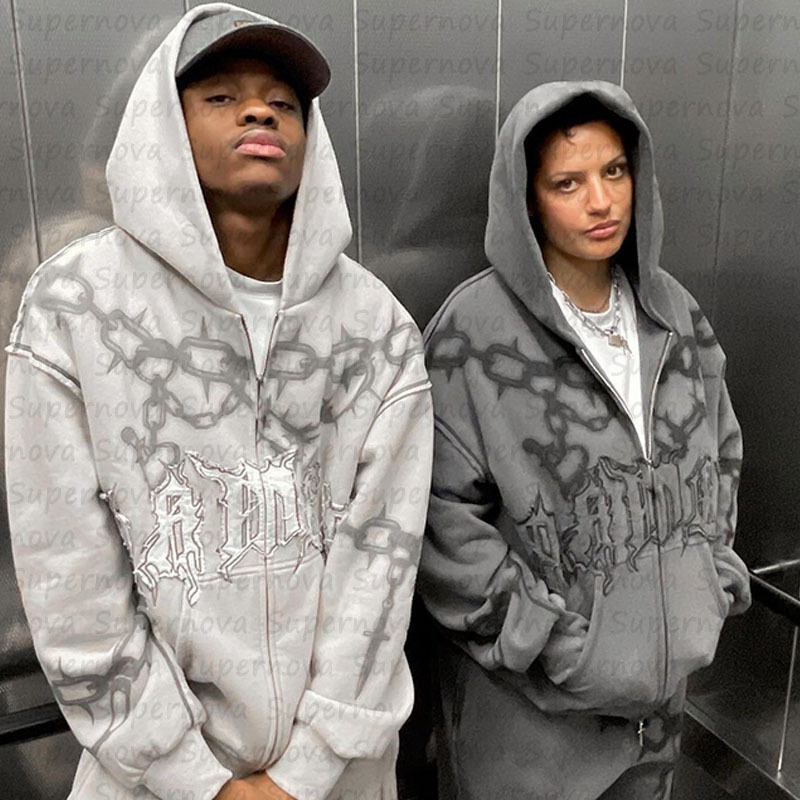 Heren- en dameshoodie met losse High Street-letterpatch en ritssluiting met trendy merkopdruk, vest in dezelfde stijl_voghion.com