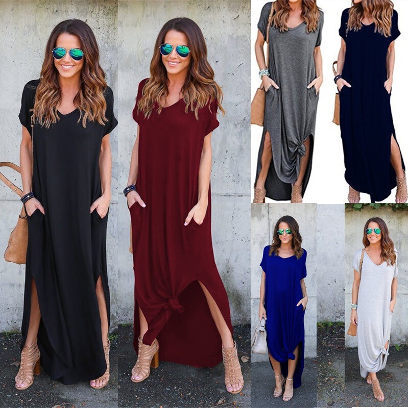 Aliexpress Amazon European and American Pure Color Splicing Short-Sleeved V Neck Slit Loose Long Dress