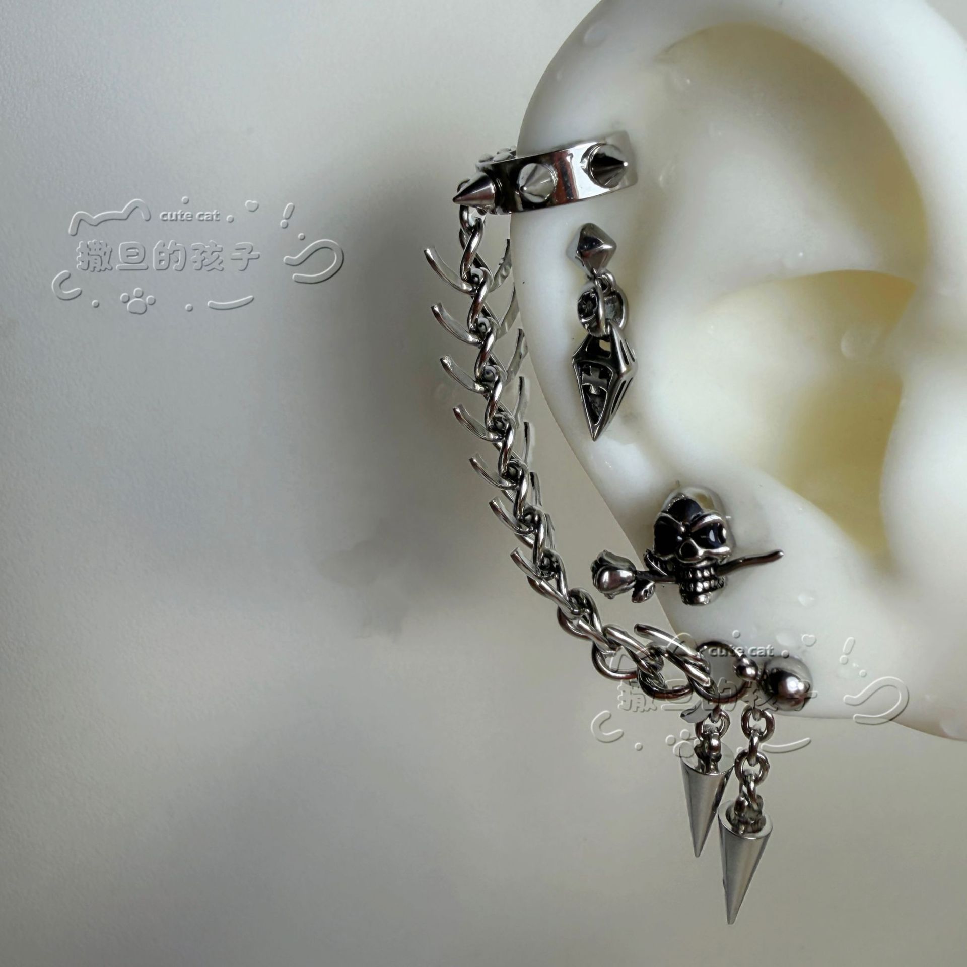 Devil Stud Ear Bone Studs, 316L Surgical Steel That Won't Fade, Double Ear Piercing Hoop and Stud Set, Punk Ear Accessories detail image 8