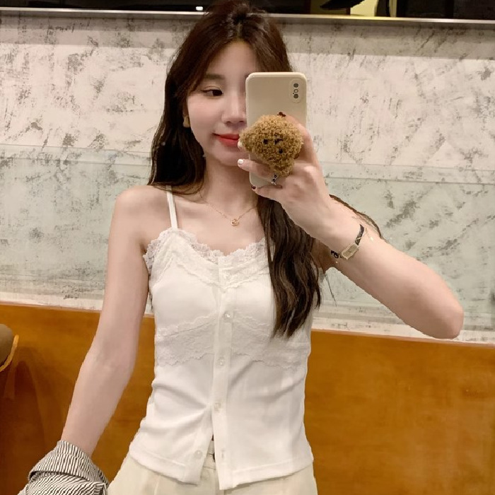 Jiujiu [the Door Sleeves under the Paper] Tweed Style European Lace Splicing Lace Camisole Women's Summer Shirt