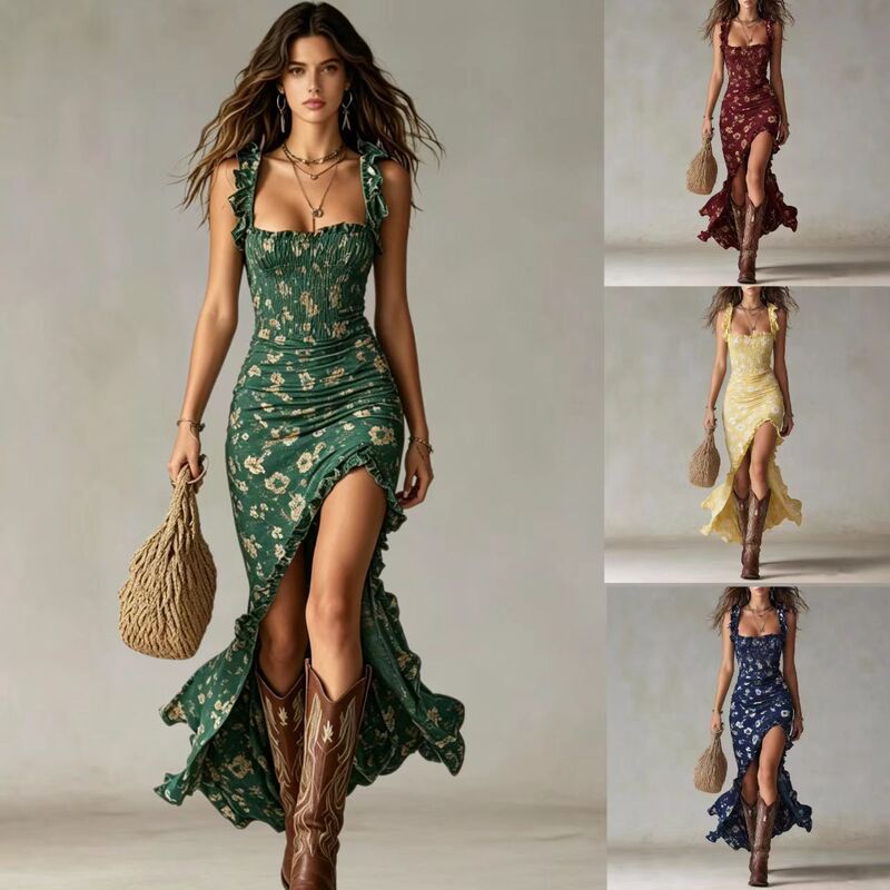2026 New Amazon Independent Store Bohemian Vintage Ruffle Sleeveless Strap High-Slit Dress