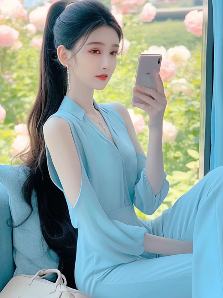 Áo liền quần jumpsuit nữ hở vai phong cách Pháp Hepburn — Màu xanh lam nhạt, Màu hồng, Màu xanh lam