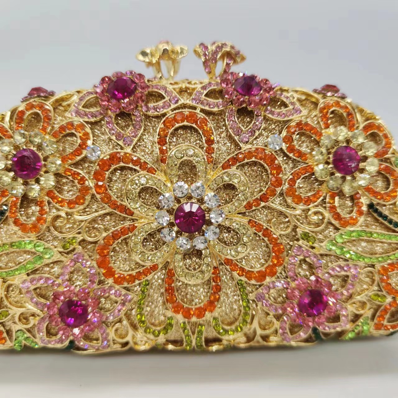 Flores con patrón de diamante, bolsas de cena, bolsas de boda, bolsas de hombro, bolsas de diamante, bolsas de oro