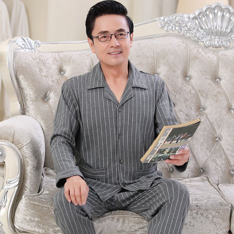 Pijamas hombres primavera y otoño manga larga 100% algodón de mediana edad y ancianos papá algodón más tamaño traje de desgaste para el hogar de los hombres