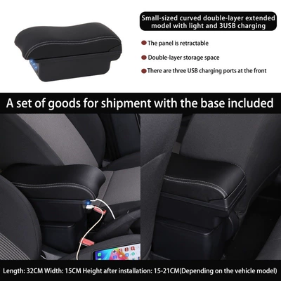 Armrest box | Multi-Functional Armrest Box Storage - small-curved-double-layer-extension-with-light-3usb-charging-model-black-white-wire