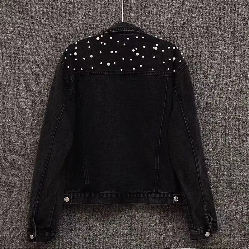 ​​Women's Beaded Denim Jacket – European Slim Fit, Heavy-Duty Stitching (S-5XL, Light Blue & Black)​​_ecoleips.com