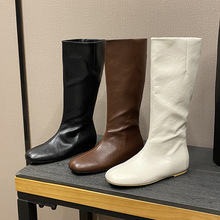 现货内增高加绒高筒靴女复古方头套筒骑士靴简约圆头不过膝长靴女