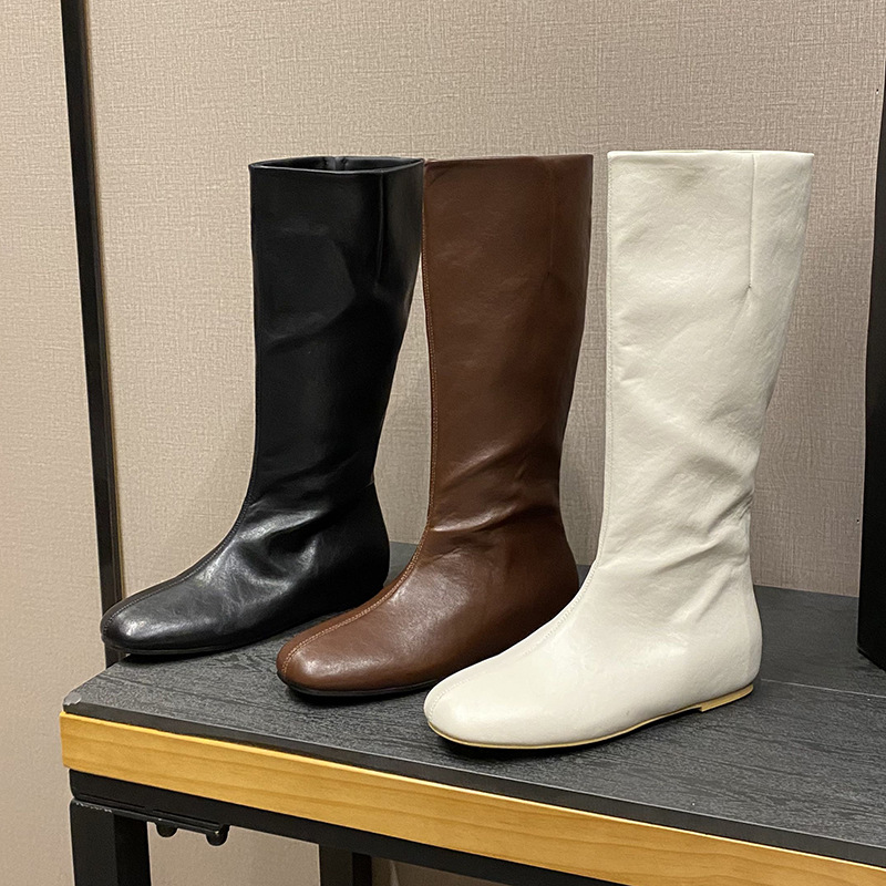 现货内增高加绒高筒靴女复古方头套筒骑士靴简约圆头不过膝长靴女