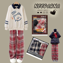 跨境外贸春秋冬卫衣套装女韩系新款初中学生polo领洋气格子两件套