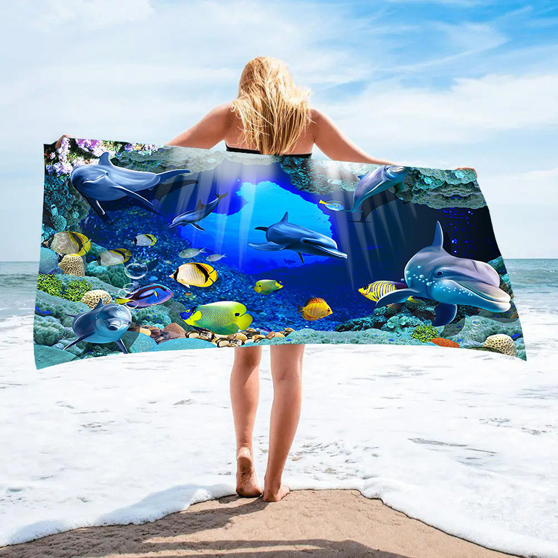 Cross Border Hot Sale Underwater World Printed Microfiber Bath Towel Dolphin Shark Beach Towel