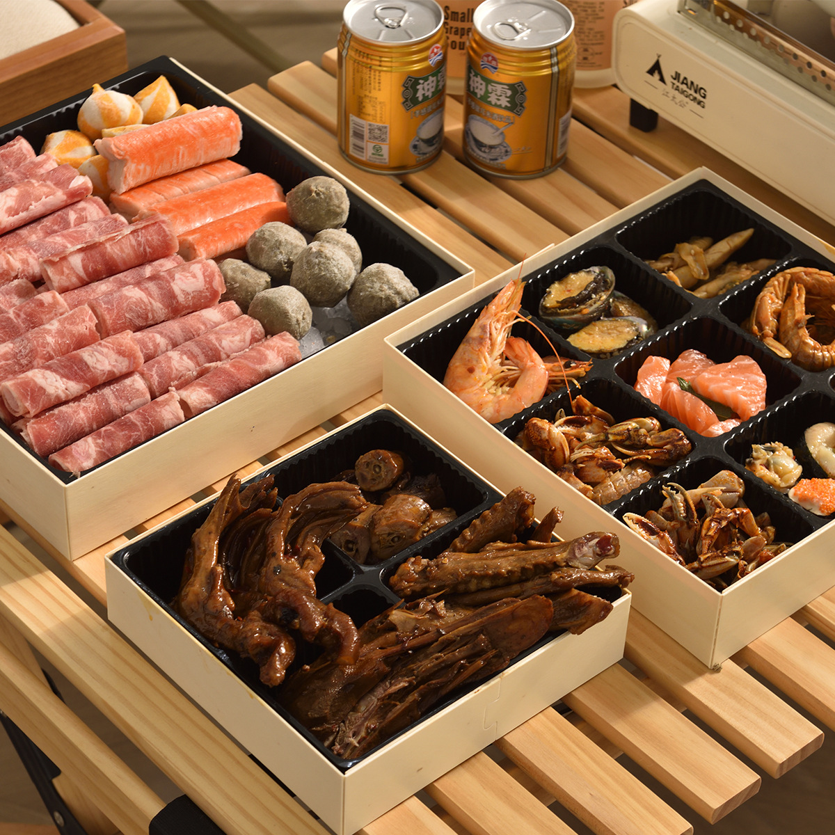 Caja de embalaje de arroz salgado de Jiugongge, panela caliente roja, pato, verduras frías desechables, caja de madera de alta calidad para llevar.