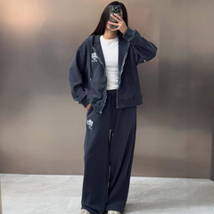 欧美时尚运动休闲针织套装女秋冬新款卫衣开衫外套阔腿长裤两件套