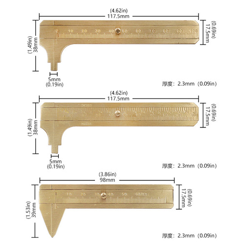 Mini Brass Caliper Vernier Ruler Double Scale Measurement Ruler Portable Pocket Vintage Copper Ruler