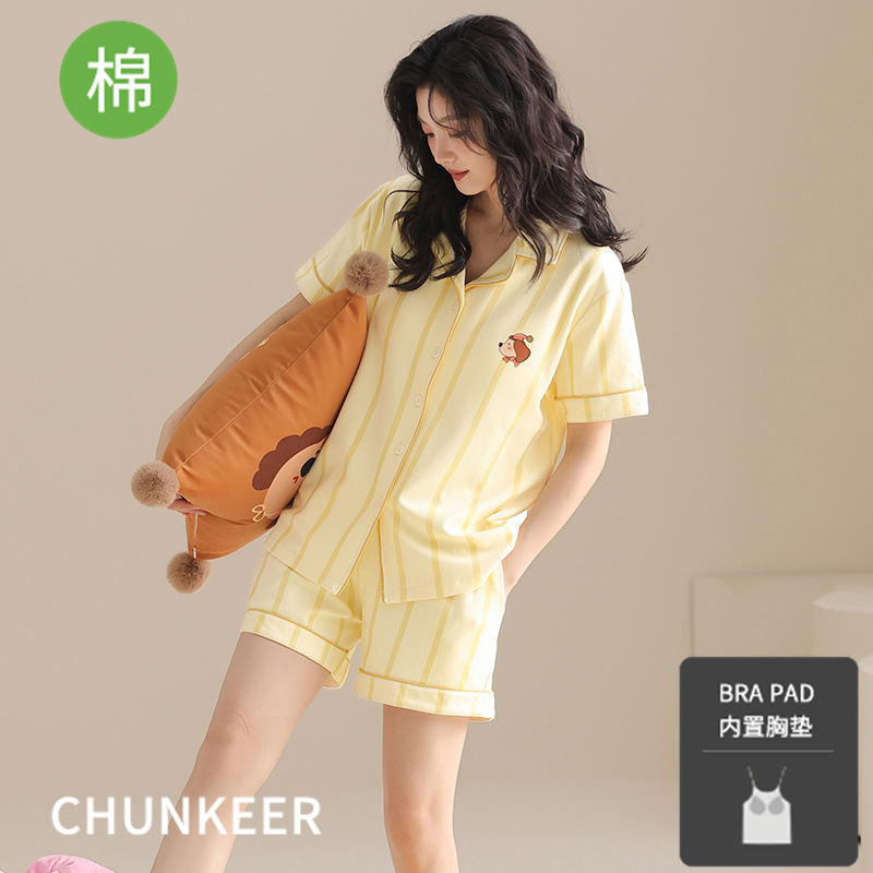 Chun Ke'er 가슴 패드가 있는 순면 잠옷 여성용 여름 반팔 반바지 세트 가디건 순면 캐주얼 홈웨어