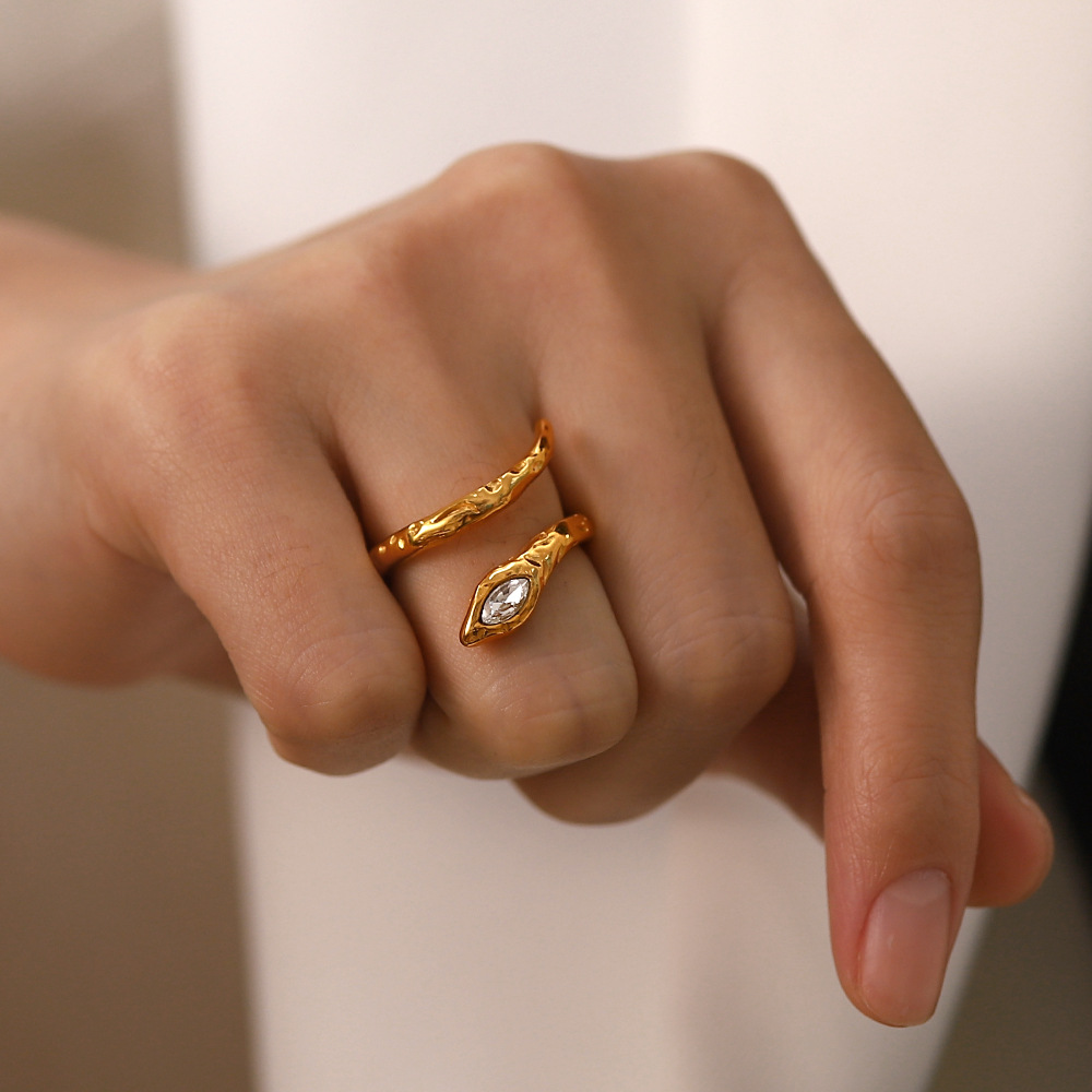 Fashion Snake Stainless Steel Plating Inlay Artificial Diamond Open Ring 1 Piece