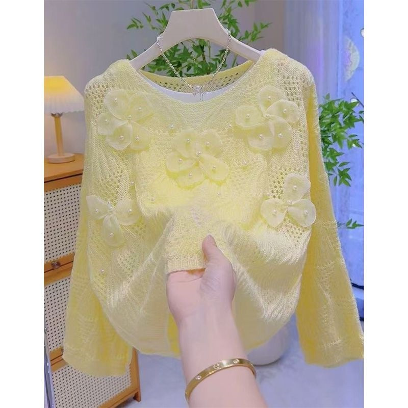 Yellow Floral Beaded Hollow-Out Knit Sweater, Spring and Autumn Fashion Versatile Soft and Cozy Lazy Style Sweater for Women, Yellow Sweater