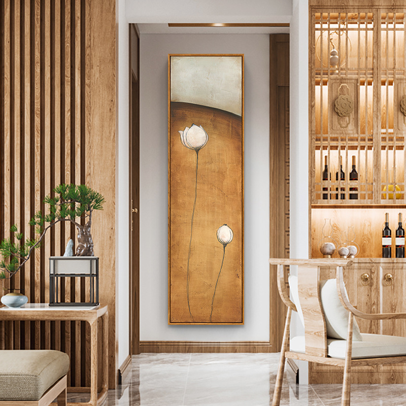 Japanese Log Style Entrance Living Room Decoration Painting Chinese Style Zen Villa Mural Corridor Hanging Painting Vertical Lotus