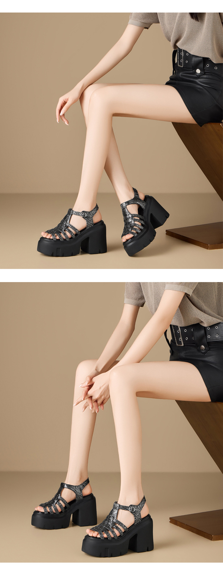 Sandal cao gót nữ hở mũi đế xuồng da bò gót 12 cm — màu đen chi tiết 6