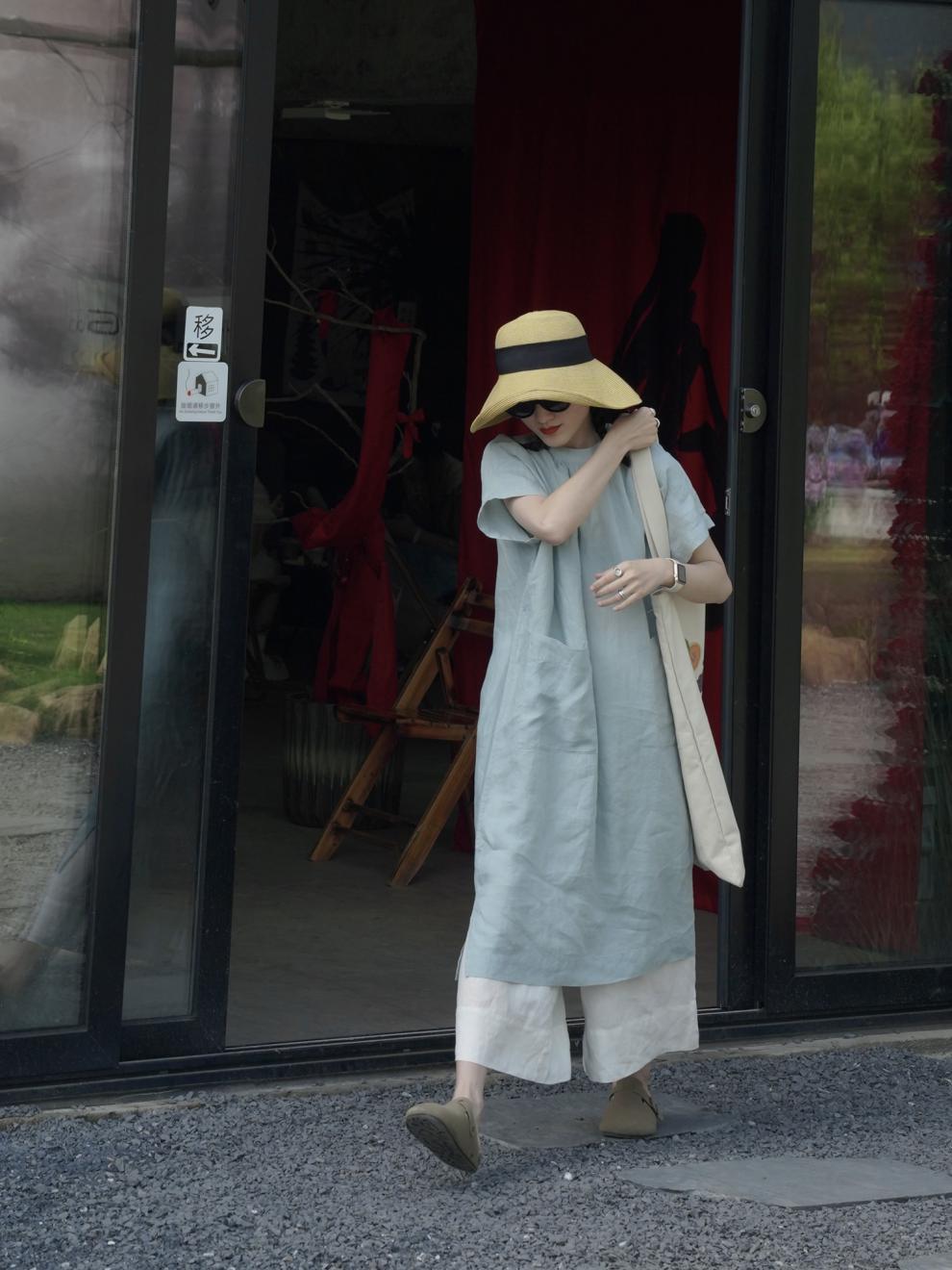 2024 Summer New Japanese French Elegant Lazy Large Pocket Round Neck Dress Artistic Style Long Robe_ecoleips.com