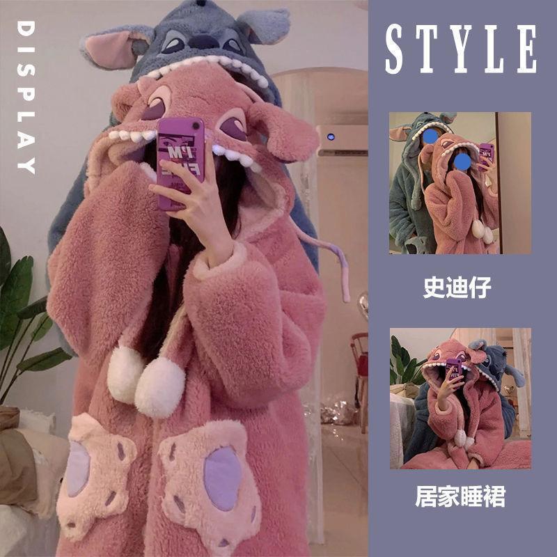 スティッチのカップルのパジャマの女性の秋の冬のサンゴのベルベットの厚いベルベットの男性の冬のバスローブのパジャマの家の服|undefined
