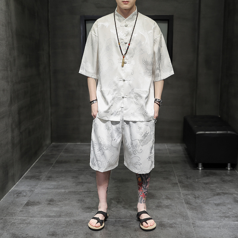 2023 Summer new Chinese style men's ice silk Tang suit Hanfu plus size trendy buckle retro suit two-piece suit