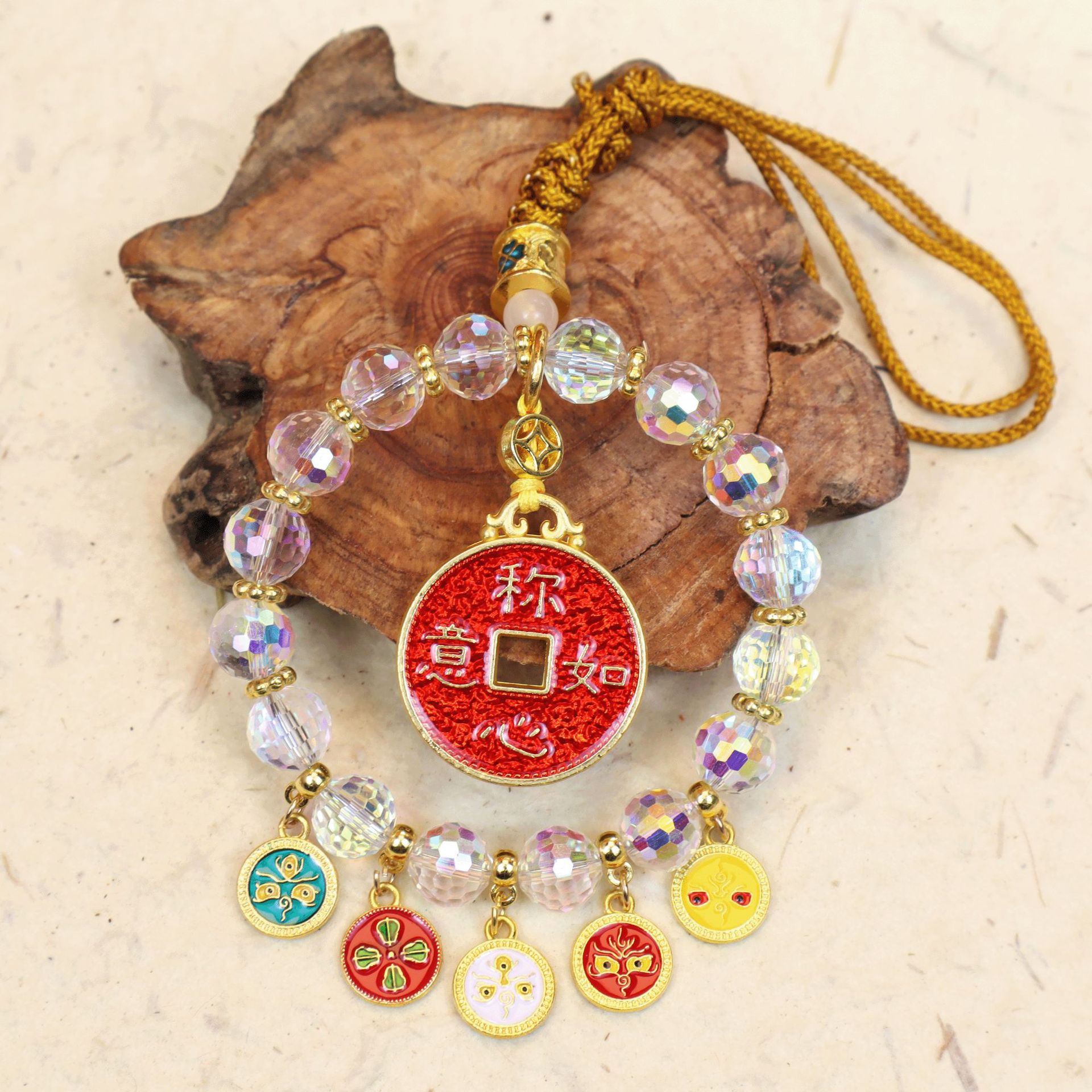 Crystal Five-Path Fortune God Car Hanging Ornament, Multicolor Abacus Lock, High-End Rearview Mirror Decoration, Wealth-Attracting Car Pendant, Interior Car Decoration