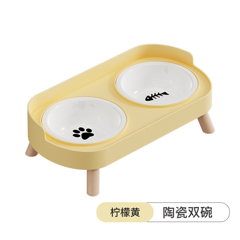 Cerámica doble tazón amarillo limón