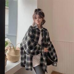 チェック柄シャツジャケット レディース 秋冬新作 トレンド ゆったり ラフスタイル ロング丈 厚手 ウールシャツ レディース