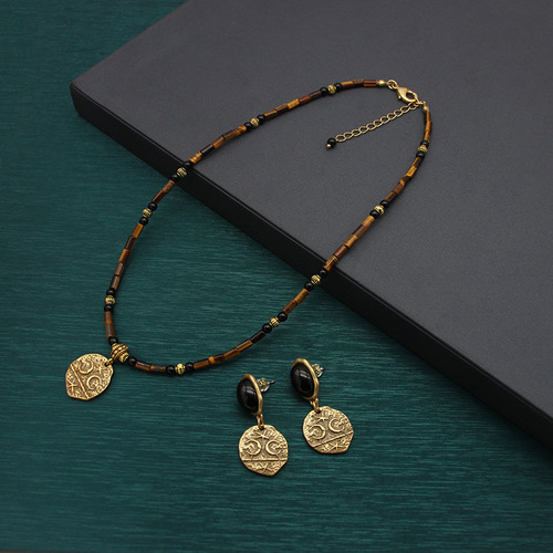 Natural Tiger Eye Necklace, Vintage Plated 24K Gold Agate Earrings and Necklace Set, Bohemian Retro Handmade Bead