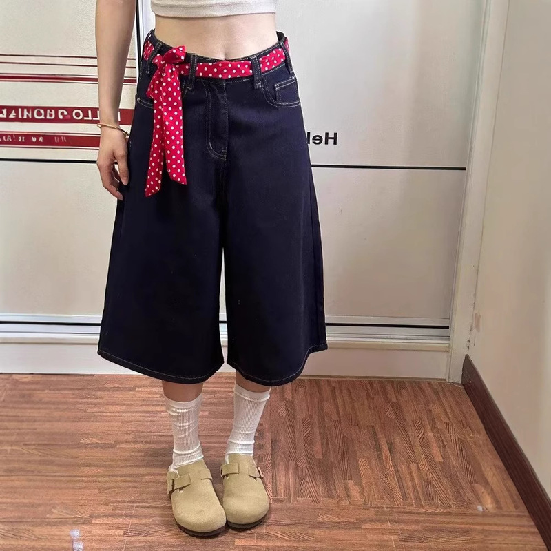 Plus-Size American-Style Dark-Colored Cropped Jeans for Women, Summer Wide-Leg Knee-Length Shorts for Curvy Women, High-Waisted Sycamore Shorts