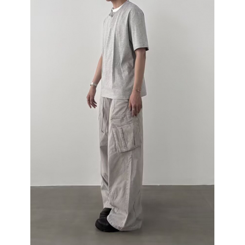 Trendy Retro Design Pleated Multi-Pocket Cargo Pants Men's High Street American Cleanfit Loose Wide-Leg Pants