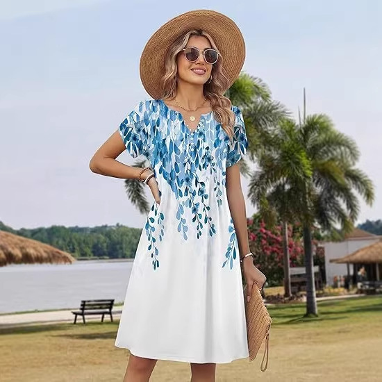 Women's Casual Dress with Pockets, Summer Floral V-Neck A-Line T-Shirt Dress, Short-Sleeve Mini Dress, Beach Vacation