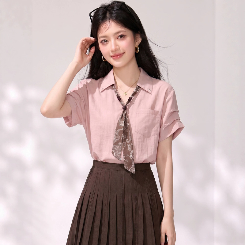 Pink V-Neck Short-Sleeved Shirt for Women, Summer 2026 New Style, Very Stylish and Beautiful, Silk Scarf Tie Shirt, Unique Top Pink V-Neck Short-Sleeved Shirt for Women, Summer 2026 New Style, Very Stylish and Beautiful, Silk Scarf Tie Shirt, Unique Top