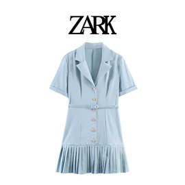 ZARK 欧美新款时尚下摆拼压褶收腰西装领连衣裙 跨境外贸女装批发