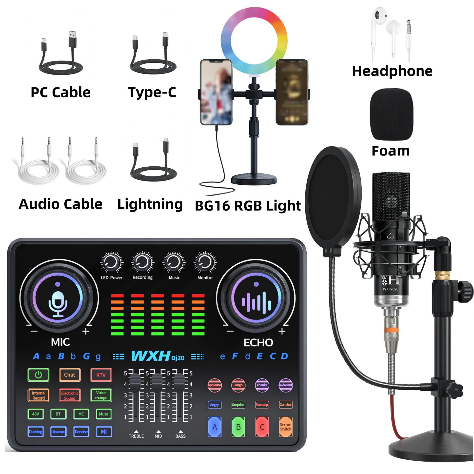 Cross-border dedicated to DJ20 mobile phone English live broadcast sound card full suit computer Tiktok recording karaoke BM800 microphone