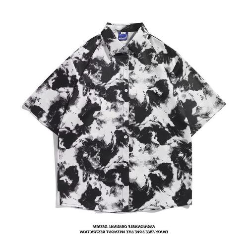 Men's and Women's Couple's Hawaiian Short-Sleeve Shirt, Summer Loose and Thin Polka Dot Beach Style Collared Top