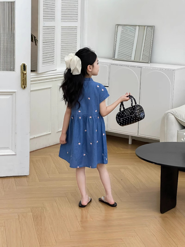 女の子ドレス 2025 夏の新スタイルヨーロッパとアメリカの子供カジュアル刺繍西洋スタイル少女デニムプリンセスドレス|undefined