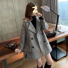 大码女装春秋遮肉显瘦格纹西装外套胖mm中长款气质加厚毛呢大衣潮