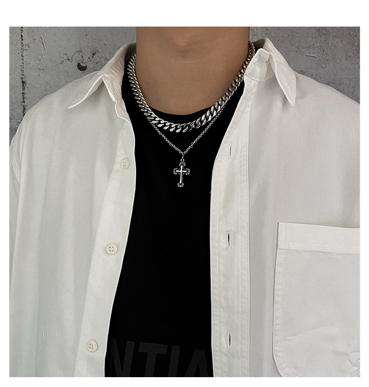 New Hot INS Dark Wind Cross Pendant Hip Hop Personality Double Layer Design Titanium Steel Necklace Men's Chain Sweater_voghion.com