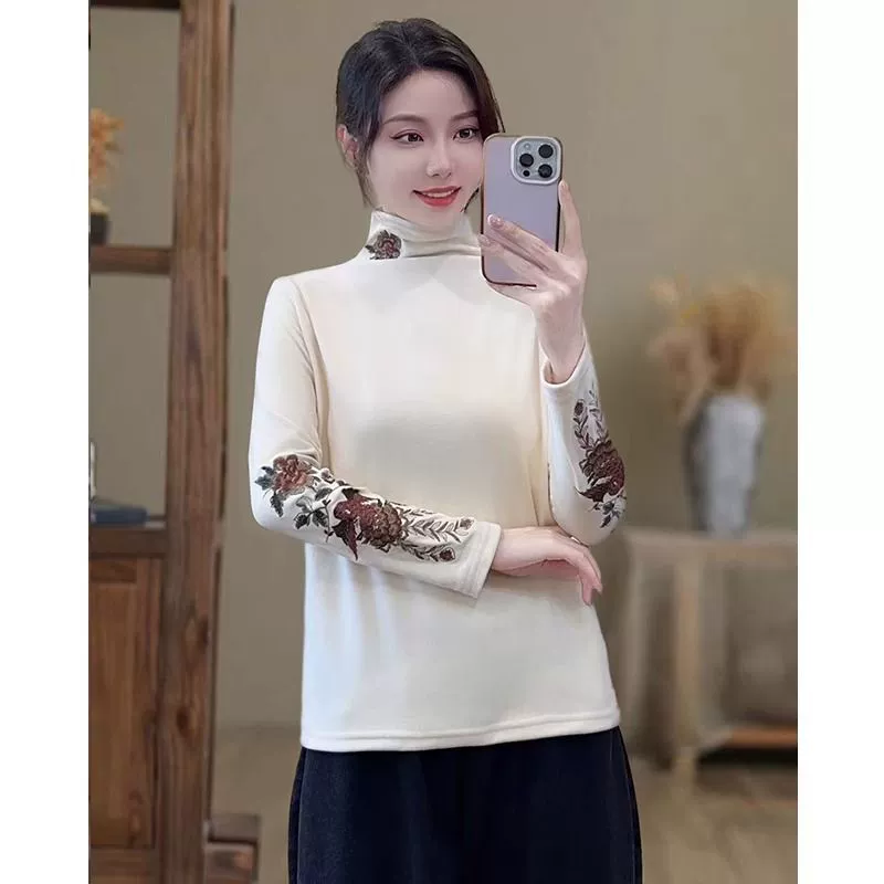 Вышивка осенне-зимний новый высокий воротник ретро теплый национальный Delong с длинными рукавами двухсторонняя футболка литературный нижний китайский топ