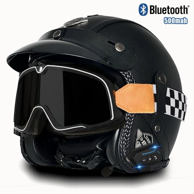 leather helmet electric car riding — Motosiklet kaskı (dəbilqə) - v-black-flat-mig-large-frame-goggles-bluetooth-s