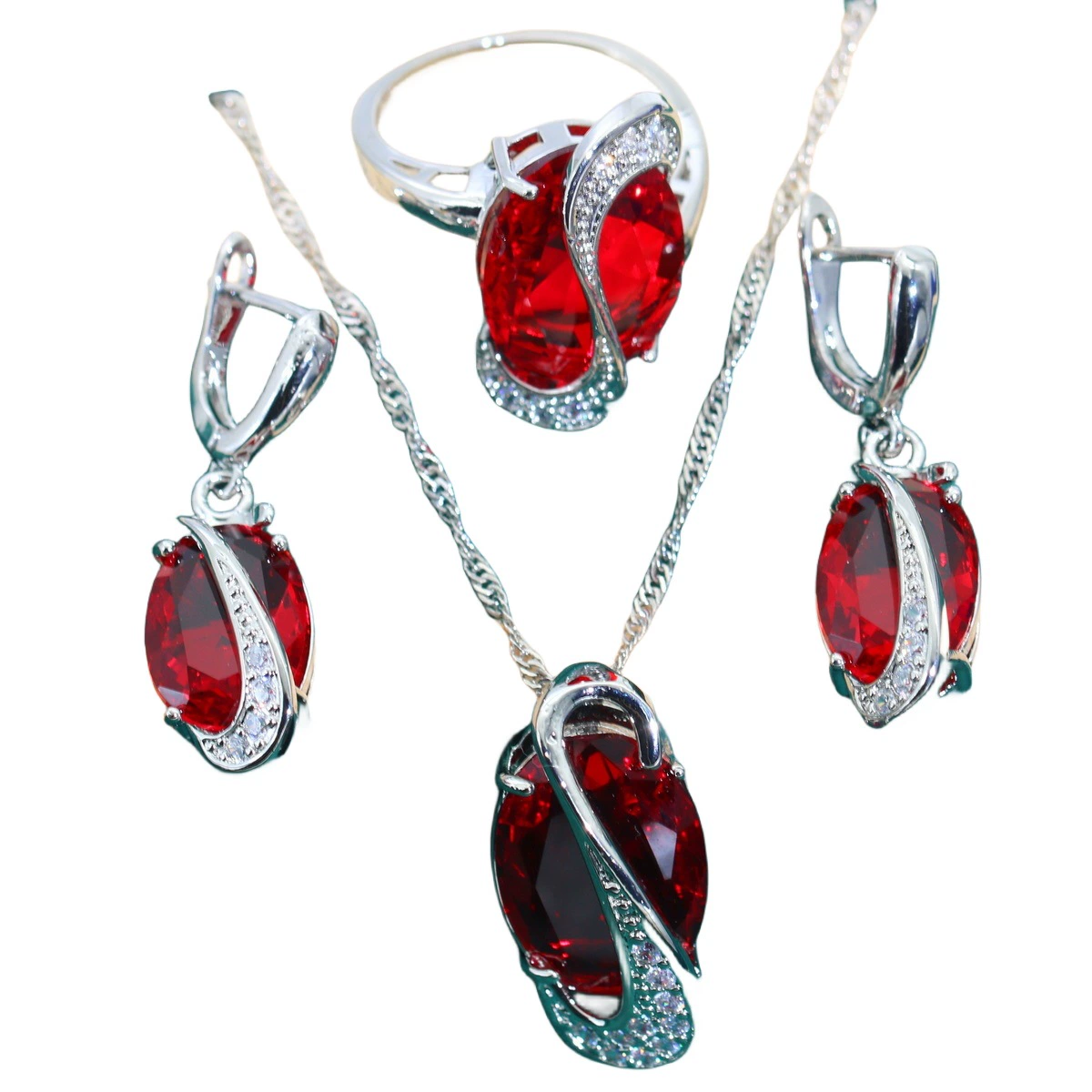 Fashionable necklace and earrings, ring, set for bride, wedding dress, accessory, jewelry, Korean style, 3 pieces