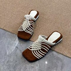 既製品～フランス製厚底ローマ風サンダル、手織りローヒールスリッパ、女性用