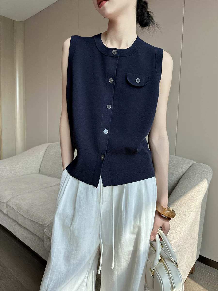 Áo len cardigan không tay nữ mùa hè cao cấp, chất liệu mỏng nhẹ — Xanh lông mòng đen