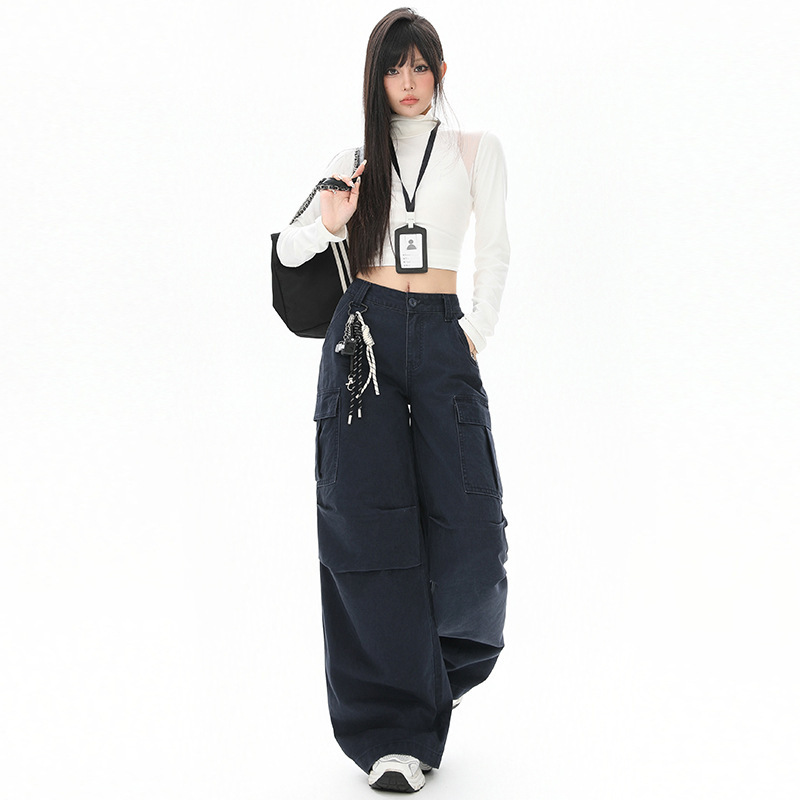 藏青色美式中低腰休闲工装阔腿牛仔裤女2025秋季新款宽松直筒裤子|undefined