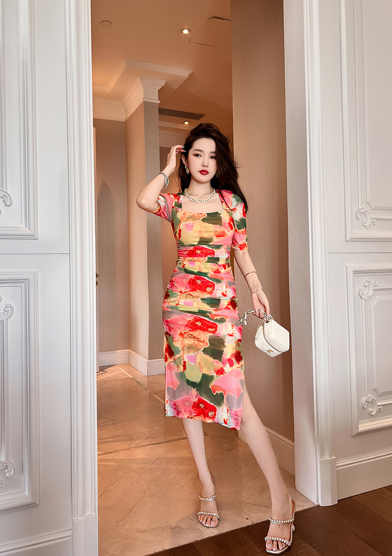 Váy dài ôm hông cổ vuông in họa tiết hoa phong cách Pháp — Màu hoa chi tiết 4