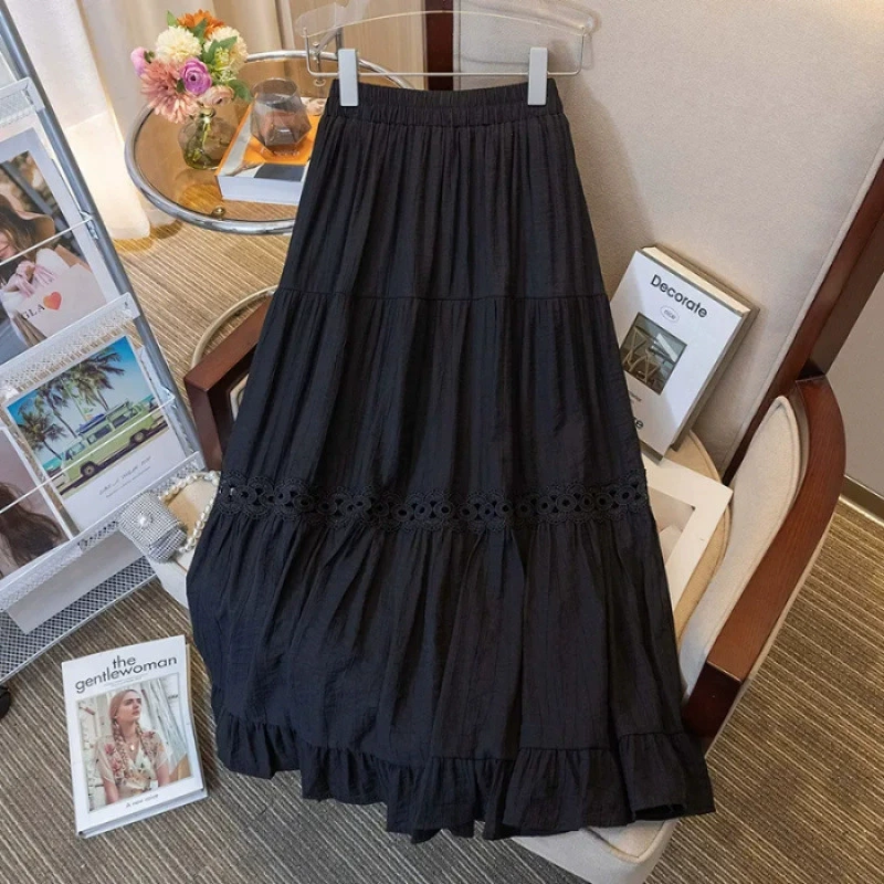 Длинная юбка женская plus size, высокая талия, А-силуэт в французском стиле — чёрная и белая, S–XL