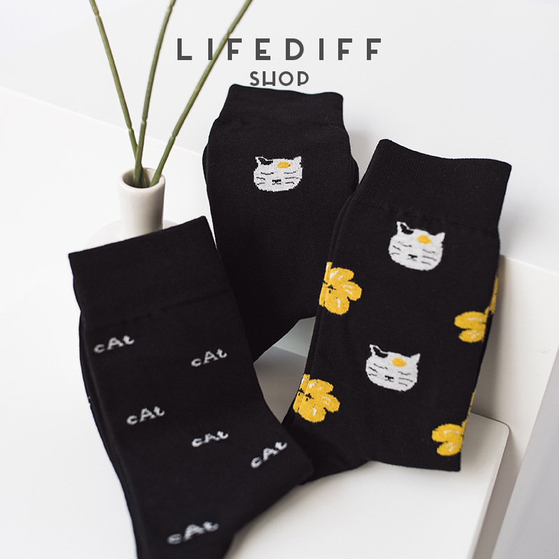 Black Socks Japanese ins Style Stockings Cartoon Socks Cute Meow Girl Socks Cotton Socks Autumn and Winter Women's 22601