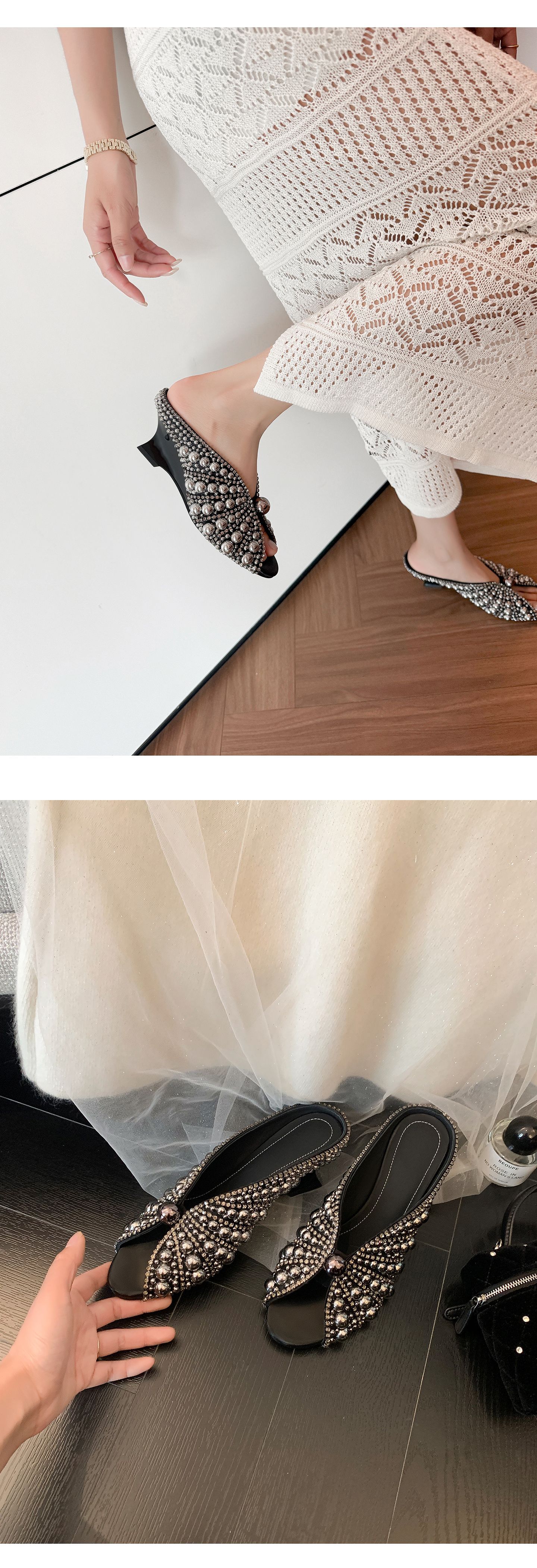 Sandal cao gót nữ mũi peep-toe đính ngọc trai, gót xuồng platform, phù hợp tiệc tùng — màu đen, màu trắng chi tiết 10